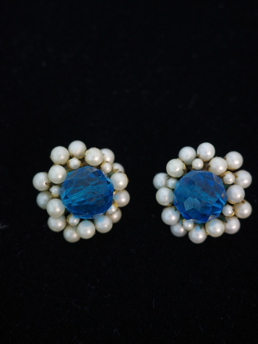 Miriam Haskell Glass Crystal Bead Faux Pearl Cluster Earrings